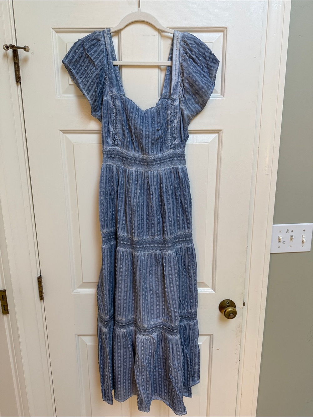 American Eagle Outfitters Dusty Blue Tiered Maxi Dress with Flutter Sleeves Sz M